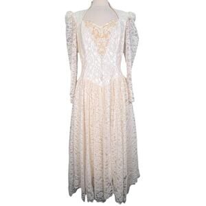 Vtg 80s Lilia Smitty Ivory Lace Beaded Pearl Western Wedding Dress 16